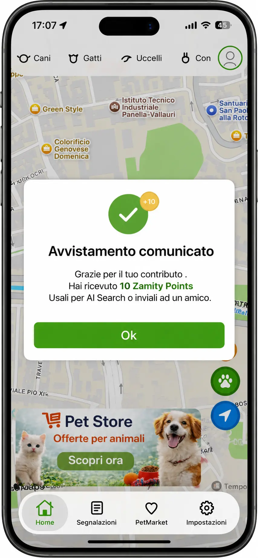 Zamity app sighting screen.