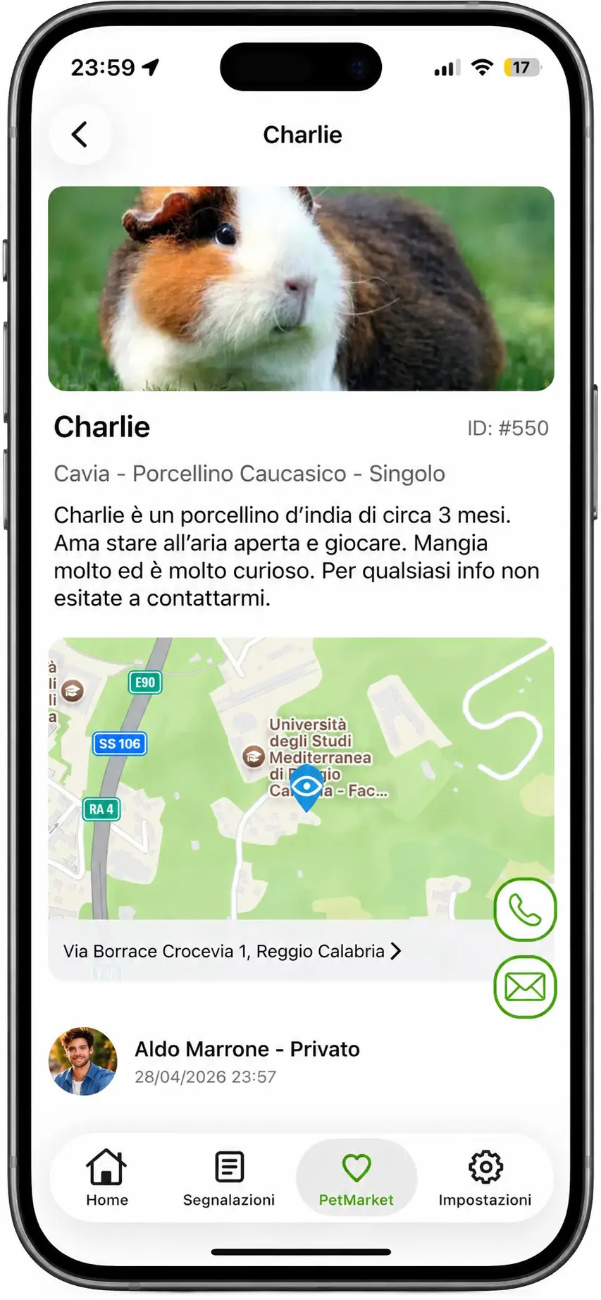 Zamity app PetMarket detail screen.